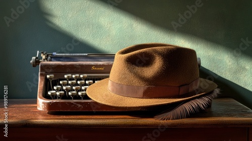 A fedora with a feather tucked in the band, placed on a vintage typewriter, moody office lighting
