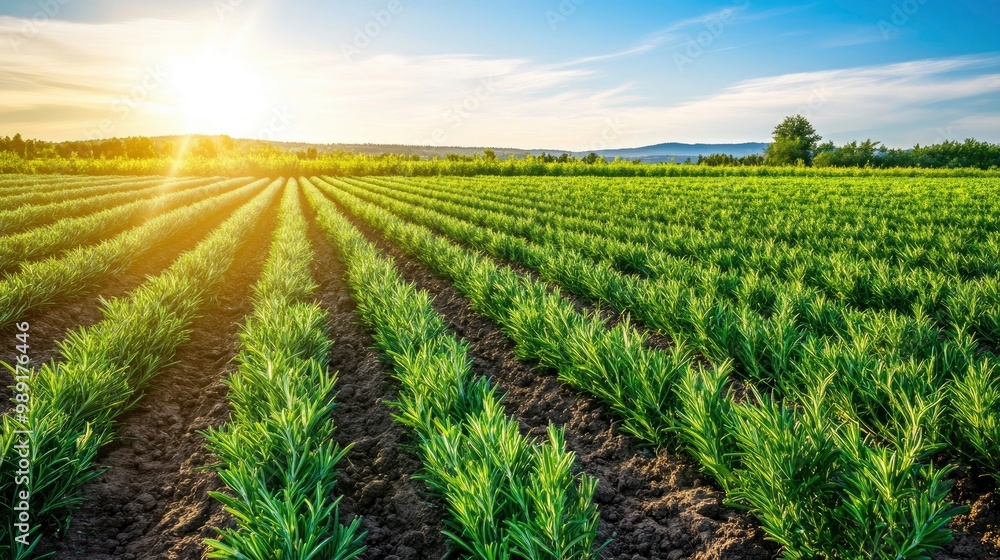 Fototapeta premium A field of medicinal herbs like rosemary and thyme, growing in neat rows under a bright blue sky, soft afternoon sunlight illuminating the plants