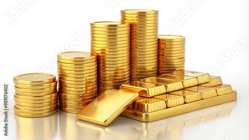 Gold bars and coins are stacked forming a growing chart on white background