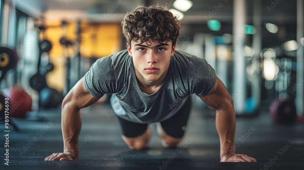 Fototapeta premium Teenage boy does push up exercise in gym. Portrait of curly haired guy in plank on free weights area