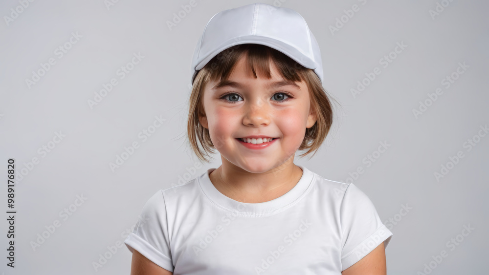 Little girl with short hair wearing white t-shirt and white baseball cap isolated on grey background Little girl with short hair wearing white t-shirt and white baseball cap isolated on grey background