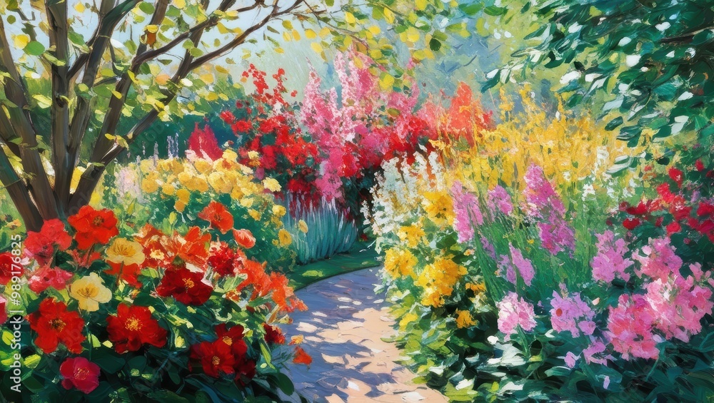 Vibrant Garden Path with Blooming Flowers Vibrant Garden Path with Blooming Flowers