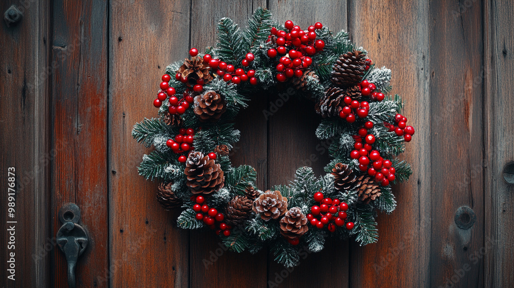 Christmas Wreath Made of Pine Branches, Red Berries, and Pine Cones on a Rustic Wooden Door,
Christmas Wreath Made of Pine Branches, Red Berries, and Pine Cones on a Rustic Wooden Door,