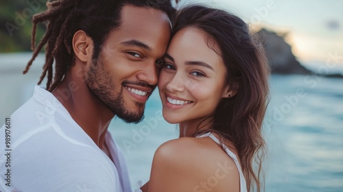 Close up portrait of man and woman model couple on the beach feeling happy