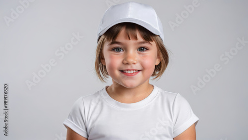 Little girl with short hair wearing white t-shirt and white baseball cap isolated on grey background