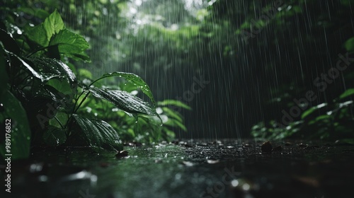 A forest floor covered in wet leaves, the sound of distant thunder echoing, cold rain falling