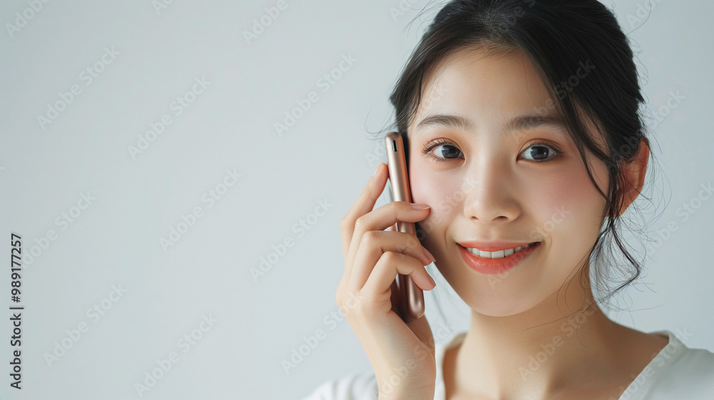 Focus on the face of beautiful woman who is happy, talking on the phone, the white background. Generative AI Illustration. Focus on the face of beautiful woman who is happy, talking on the phone, the white background. Generative AI Illustration.