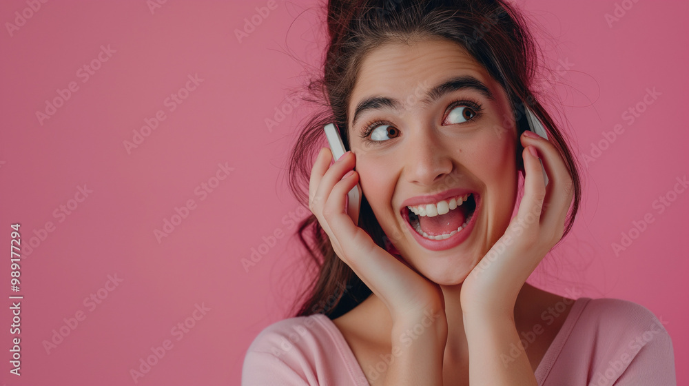 Focus on the face of beautiful woman who is happy, talking on the phone, the pink background. Generative AI Illustration. Focus on the face of beautiful woman who is happy, talking on the phone, the pink background. Generative AI Illustration.