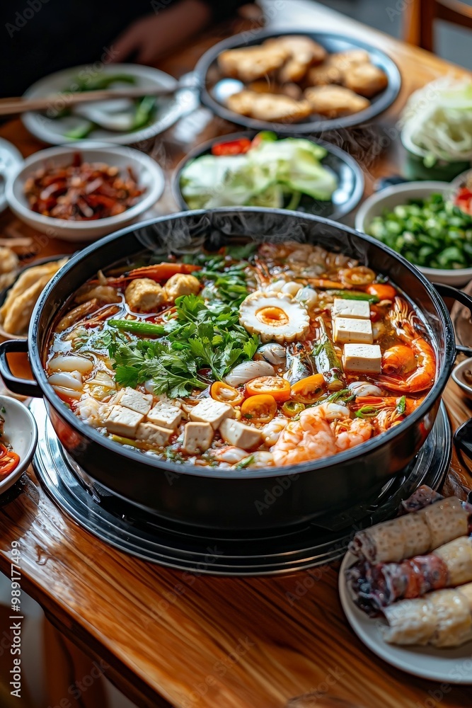 A traditional Vietnamese hot pot (lau) with fresh seafood, tofu, and vegetables, bubbling in a large pot at the center of the table A traditional Vietnamese hot pot (lau) with fresh seafood, tofu, and vegetables, bubbling in a large pot at the center of the table