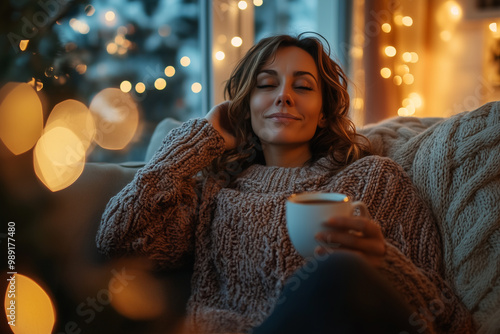 Middle aged woman relaxing with cup of hot drink sits comfortably by the window, wrapped in cosy knitted sweater and admiring the snow-covered landscape outside. Lady dreaming. Cozy winter at home. photo