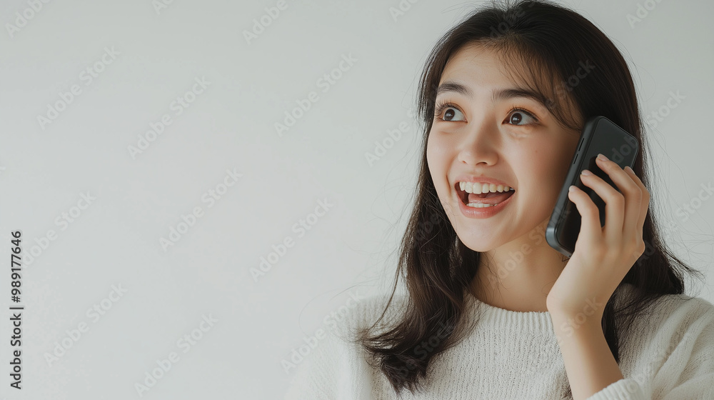 Focus on the face of beautiful woman who is happy, talking on the phone, the white background. Generative AI Illustration. Focus on the face of beautiful woman who is happy, talking on the phone, the white background. Generative AI Illustration.