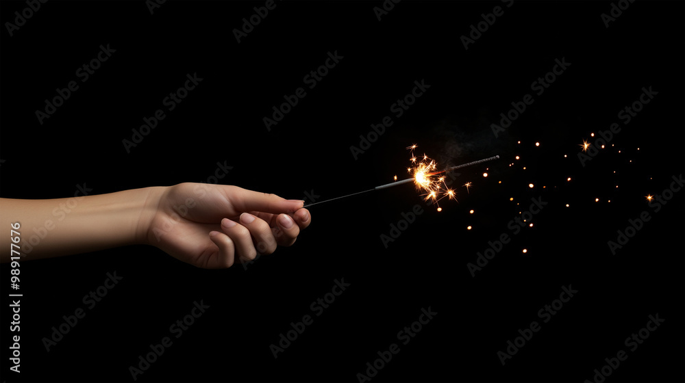 Fototapeta premium Hands holding fireworks against christmas lights in dark room. Happy New Year