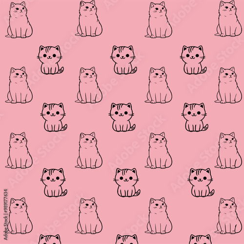This charming fabric features an adorable pattern of playful cats set against a vibrant pink background. The lively design showcases a variety of cat breeds in whimsical poses, 