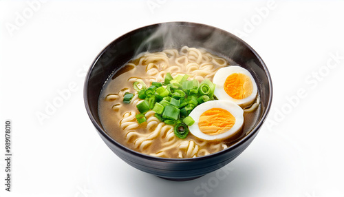 Steaming Bowl of Ramen Noodles with Egg and Green Onions