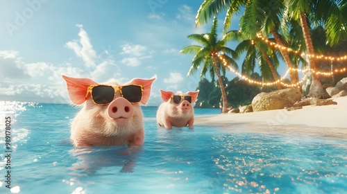Pigs Wearing Sunglasses Swimming in a Tropical Paradise Beach