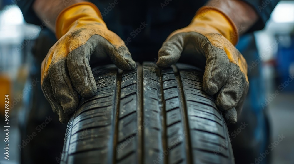 Mechanic s hands gripping a tire in an auto repair shop, ready for installation or inspection Mechanic s hands gripping a tire in an auto repair shop, ready for installation or inspection