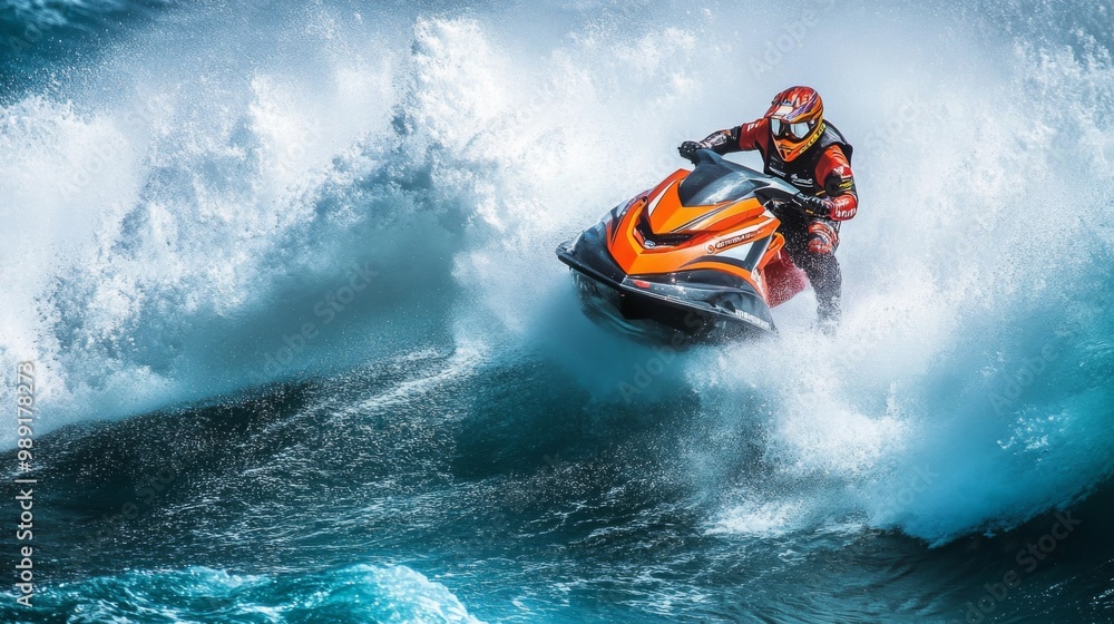 A professional jet ski racer performing a jump over a wave during a competition, capturing the skill and adrenaline of extreme water sports. A professional jet ski racer performing a jump over a wave during a competition, capturing the skill and adrenaline of extreme water sports.
