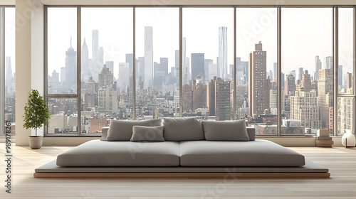 Wallpaper Mural Luxury modern apartment interior with panoramic city skyline view through large windows  Minimal living room design with comfortable sofa and calm serene atmosphere Torontodigital.ca
