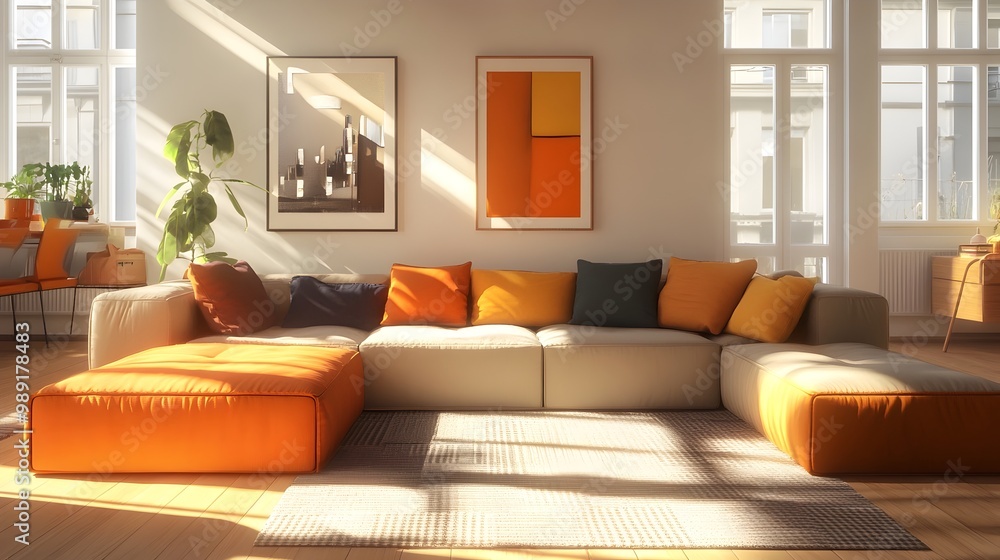 Fototapeta premium Inviting and cozy contemporary living space boasting a large modular sectional sofa and warm textiles