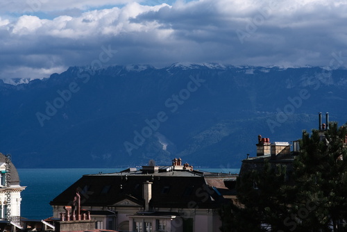 Mountains and houses over lake geneva