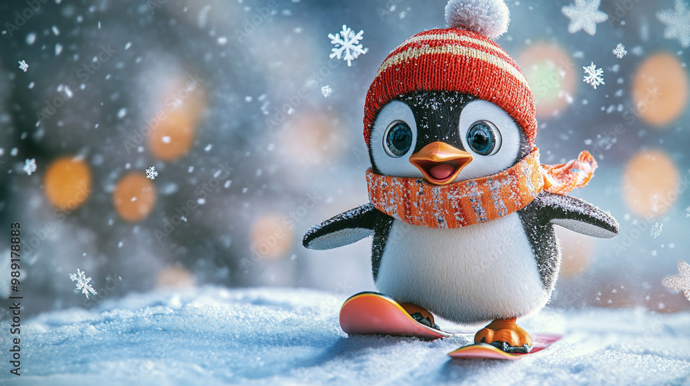 three-dimensional penguin dressed in bright winter gear, including a beanie and scarf, joyfully skiing down a snowy slope. three-dimensional penguin dressed in bright winter gear, including a beanie and scarf, joyfully skiing down a snowy slope.