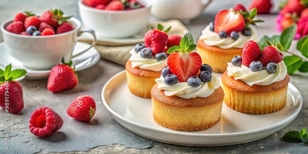 Valentine's Day breakfast concept with delicious mini cakes topped with fresh berries and copy space for text Valentine's Day breakfast concept with delicious mini cakes topped with fresh berries and copy space for text