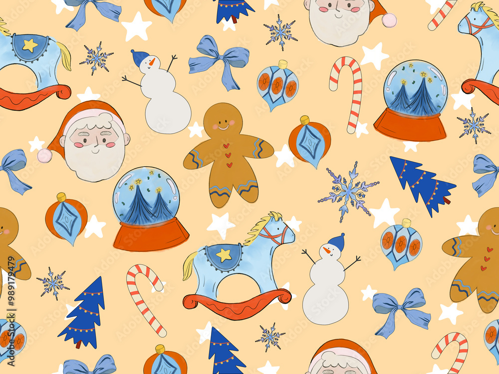 Christmas new year in cartoon style. Holiday gifts, santa, christmas tree Holiday seasonal illustrations Christmas new year in cartoon style. Holiday gifts, santa, christmas tree Holiday seasonal illustrations