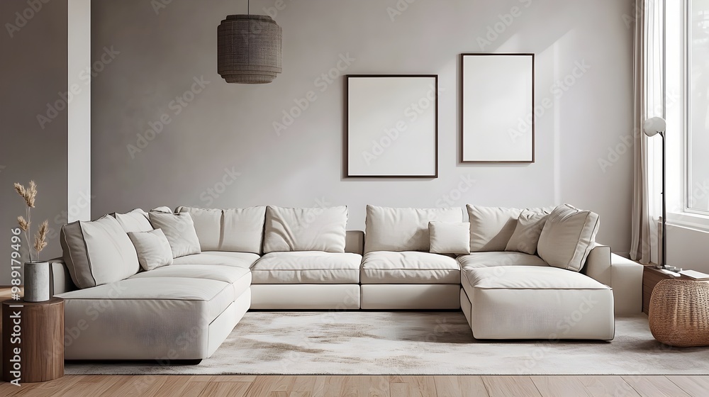 Fototapeta premium Cozy and Inviting Modern Living Room with a Large Comfortable Sectional Sofa and Minimalist Stylish Decor Featuring a Harmonious Blend of Color Accents Clean Lines and Natural Materials