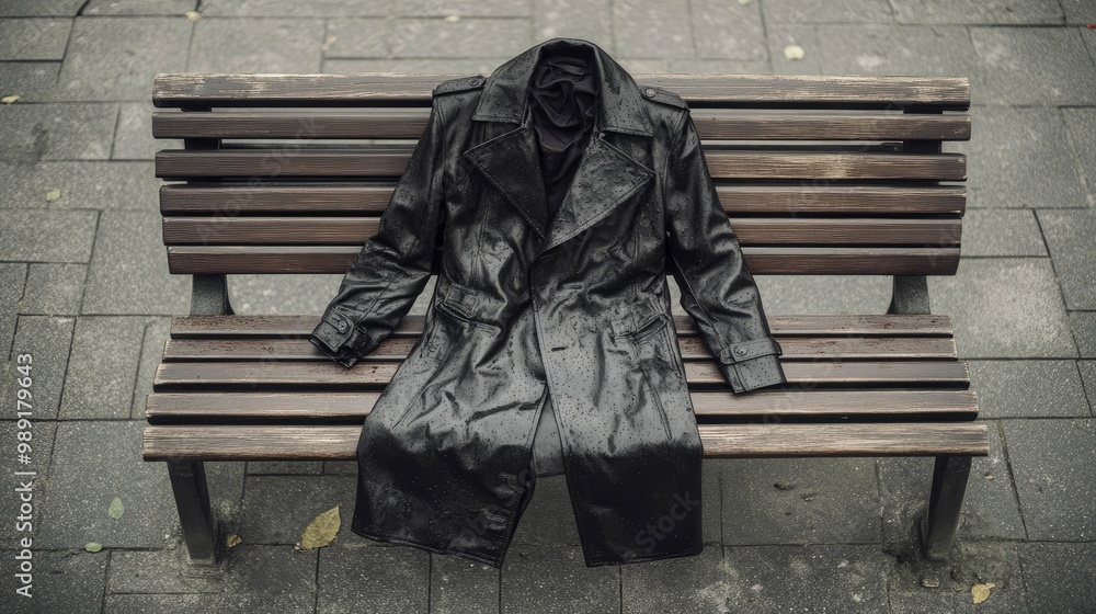 Naklejka premium A leather trench coat with water droplets, lying on a park bench, cool rainy evening light