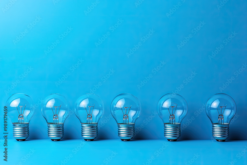 Light bulbs lined up against a bright blue background. Light bulbs lined up against a bright blue background.