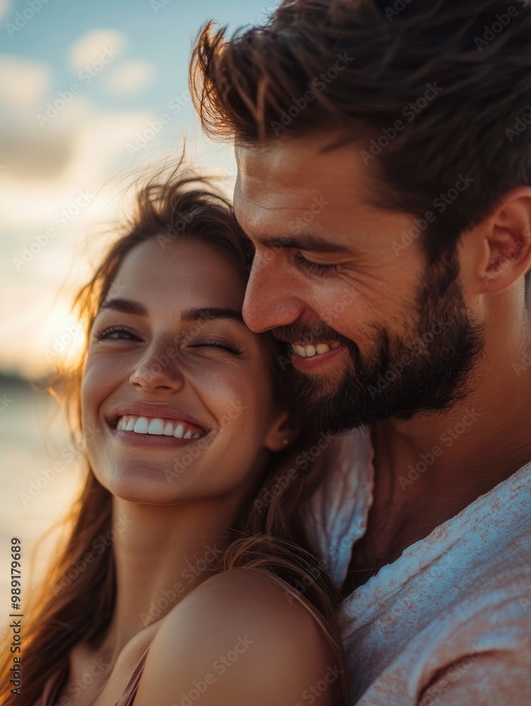 Close up portrait of man and woman model couple on the beach feeling happy Close up portrait of man and woman model couple on the beach feeling happy