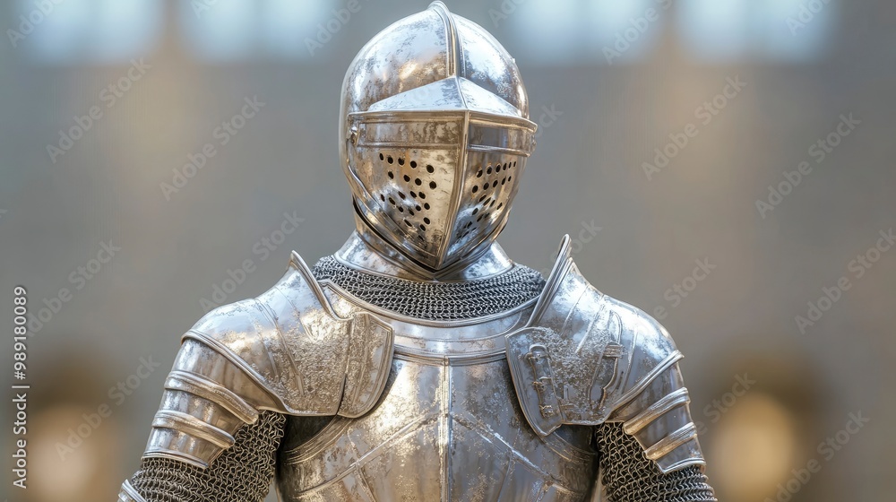 A medieval suit of armor with a raised visor, standing on a display rack, dim castle lighting A medieval suit of armor with a raised visor, standing on a display rack, dim castle lighting