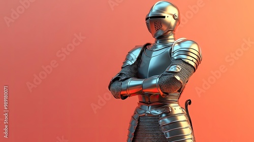 A medieval suit of armor with a raised visor, standing on a display rack, dim castle lighting