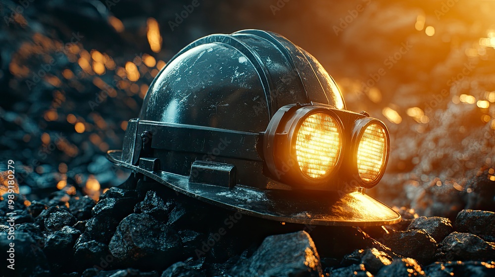 A miner’s hard hat with a headlamp, sitting on a pile of rocks, dim cave lighting A miner’s hard hat with a headlamp, sitting on a pile of rocks, dim cave lighting