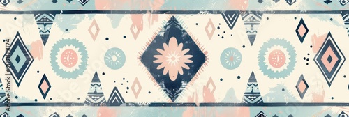 Aztecinspired pattern with a soft pastel color scheme of light blue photo