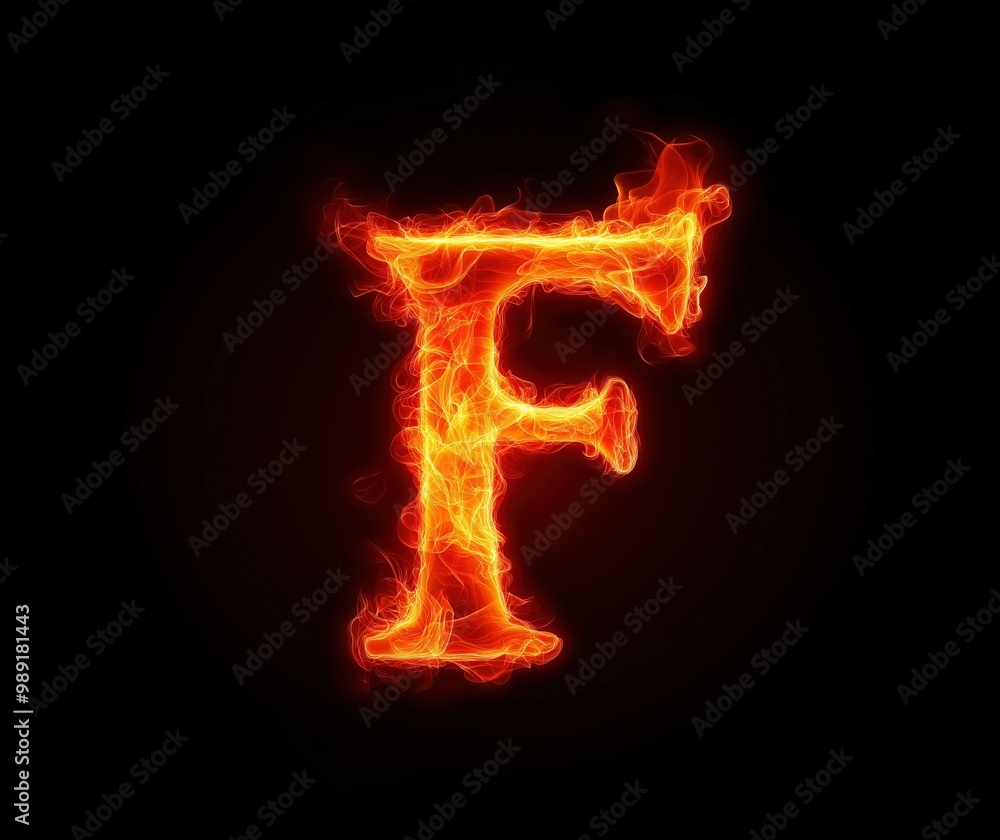 Letter F in fire effect on a dark background, fiery text Letter F in fire effect on a dark background, fiery text