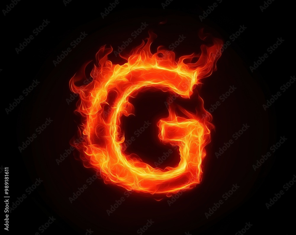 Letter G in fire effect on a dark background, fiery text