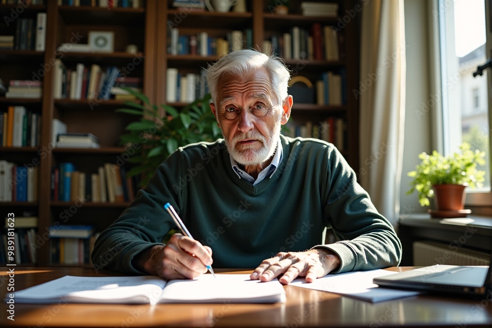 Thoughtful Elderly Man Writing in a Cozy Library Space Thoughtful Elderly Man Writing in a Cozy Library Space