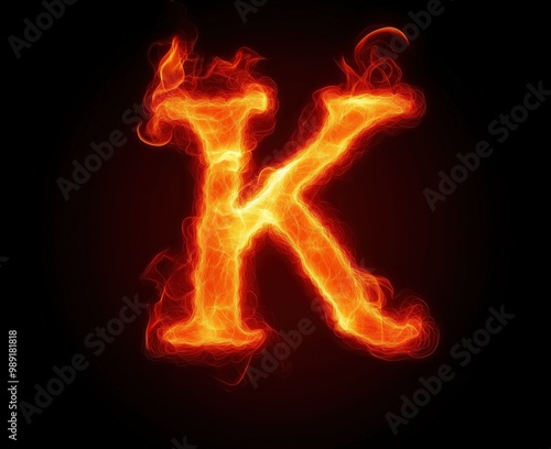 Letter K in fire effect on a dark background, fiery text