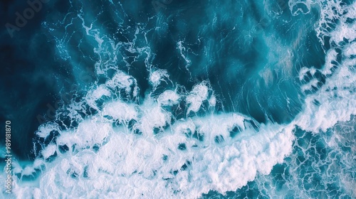 Blue sea waves aerial drone top view from above. Raging ocean background. Waving water. Beautiful nature. Epic seascape.