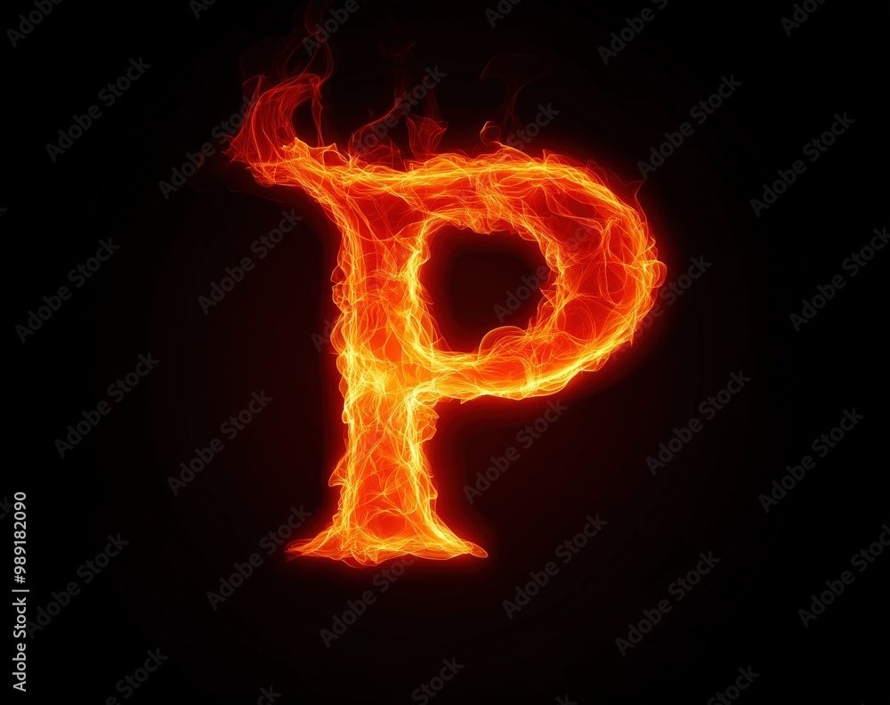 Letter P in fire effect on a dark background, fiery text Letter P in fire effect on a dark background, fiery text