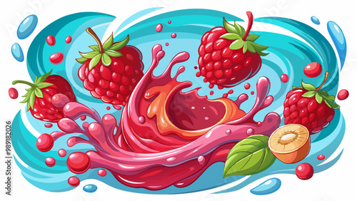 Sweet fresh strawberry and raspberry juice or jam splash swirl with strawberry and raspberry. Red berry juice splashing - strawberries juice isolated