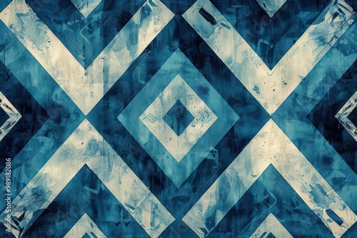 Tribal Aztec pattern with a cool, monochromatic color scheme of blue and teal Include wavelike motifs, diamonds, and geometric shapes for a calming and serene feel