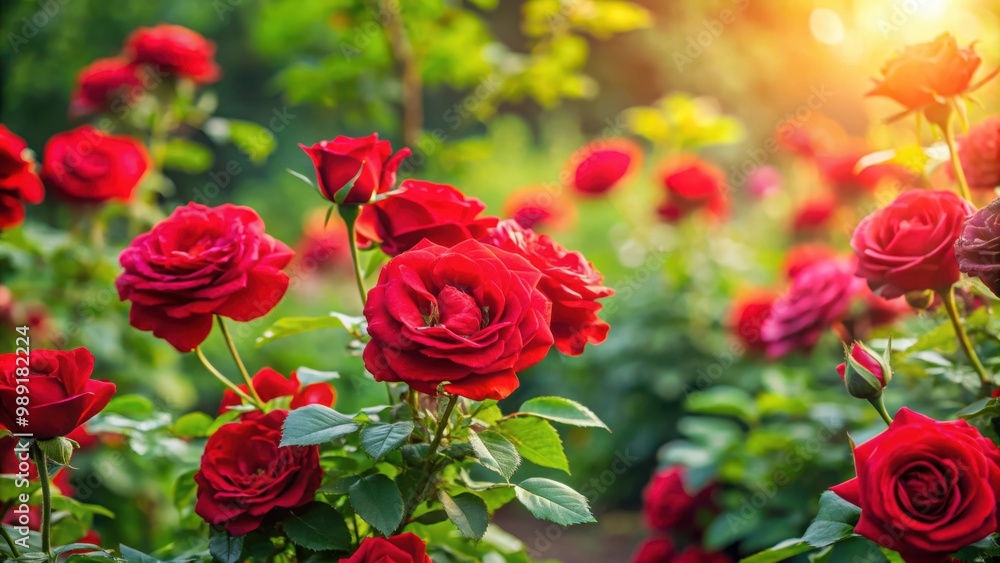 Beautiful red roses blooming in a lush garden Beautiful red roses blooming in a lush garden