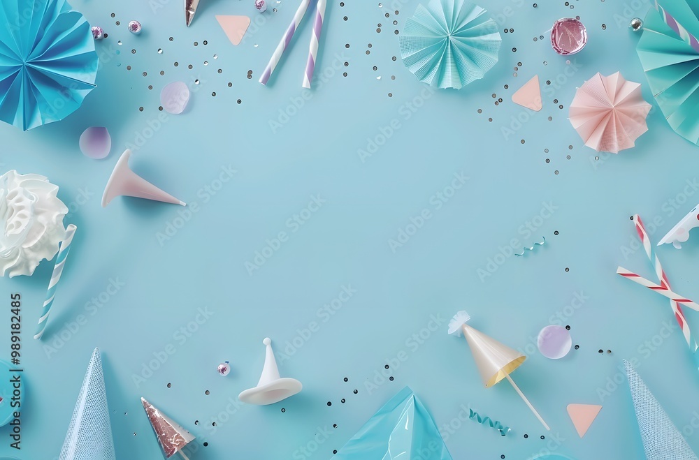 Pastel Blue Birthday Party Decor Flat Lay Pastel Blue Birthday Party Decor Flat Lay