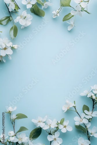 Minimalist Floral Frame with White Blossoms on Blue Background