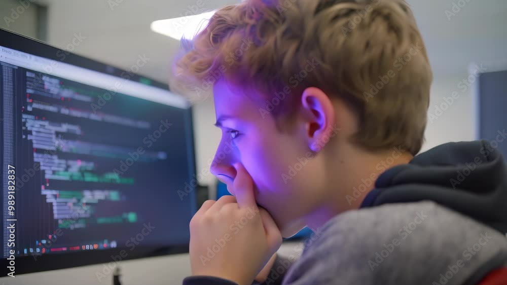 A young student focuses on his computer screen as he codes in a ...