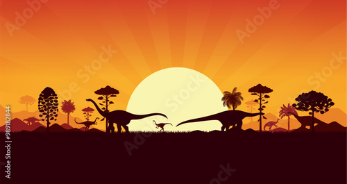 Dinosaurs silhouettes on sunset prehistoric landscape with palm trees, hills and plants. Vector serene background with dino species shadows roaming peacefully in front of large sun in orange dusk sky
