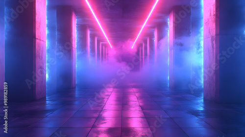 3D Neon Lights in a Foggy Corridor Illustration