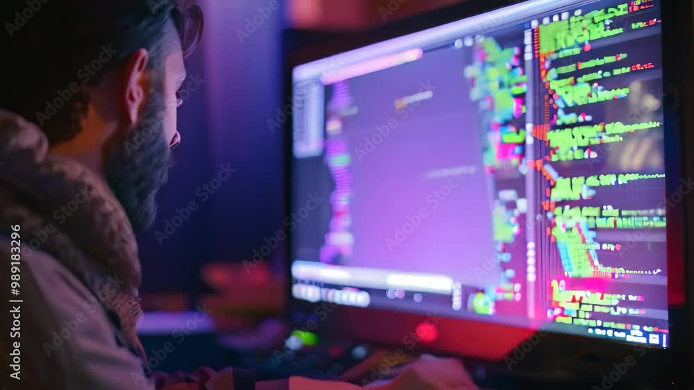 A young student sits in front of a computer screen, deeply engrossed in coding, A student experimenting with coding on a computer, with lines of code and digital graphics on the screen A young student sits in front of a computer screen, deeply engrossed in coding, A student experimenting with coding on a computer, with lines of code and digital graphics on the screen
